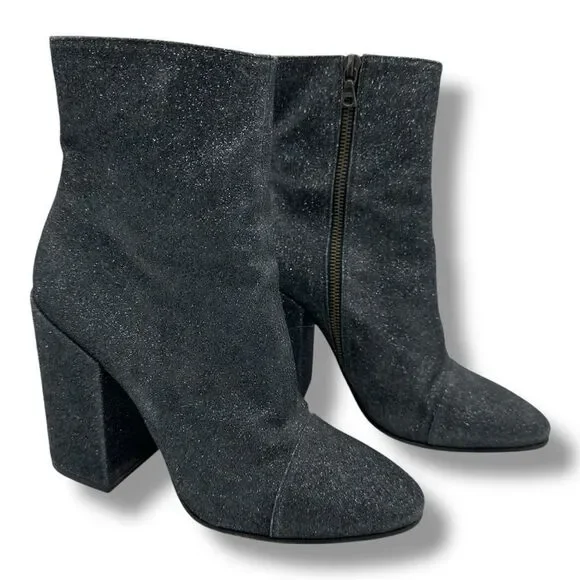 Dries Van Noten Black Glitter Block Heel Side-zip‎ Designer Bootie Boots Sz 9.5